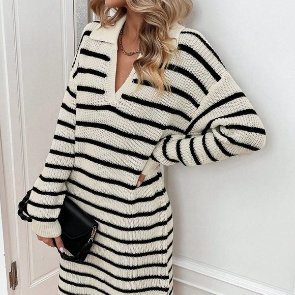 Multicolor Casual Womens Striped Pattern Drop Shoulder Split Thigh Sweater Dress - Picture 3 of 5